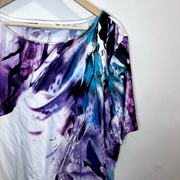 Chicos Cotton Stretch Abstract Knit Tee Size 4/ XXL Water Color Art Coastal - Picture 3 of 8